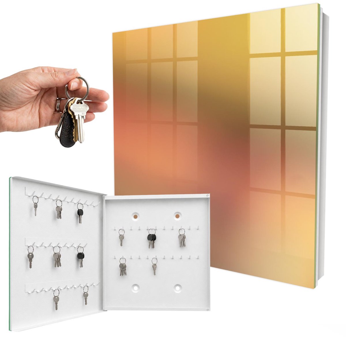 WallMuralia - Sleutelkast - 30x30x5 cm - met 50 haken - Warme Gradiënt Sleutelkastje Muur - Geel Sleutelbox - Linksopenend - Wit interieur