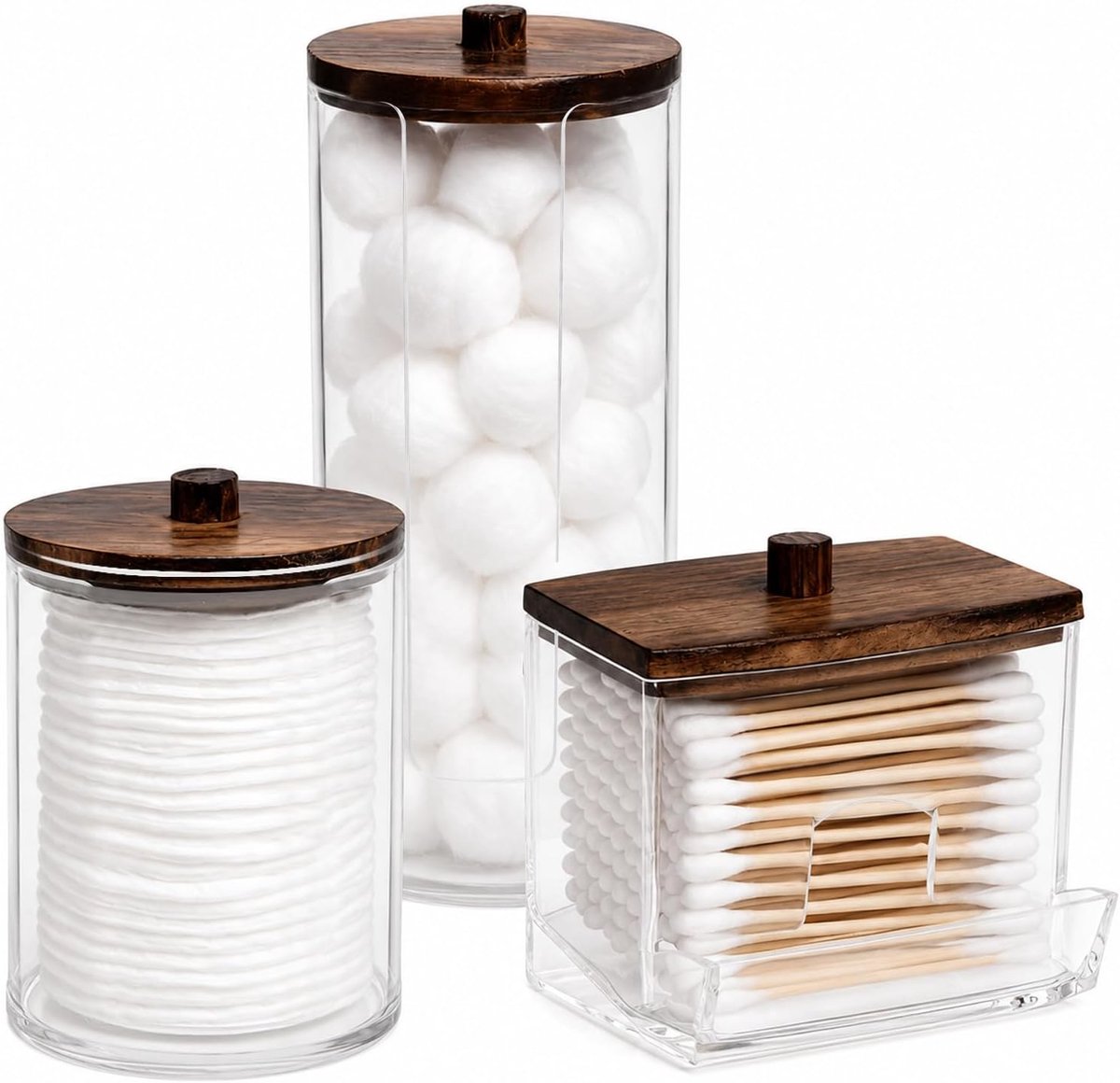 3-delige set katoenen padhouder, acryl katoenen balhouders met houten deksel, katoenen wattenstaafjesdoos, cosmetische opbergdispenser voor badkameraccessoires