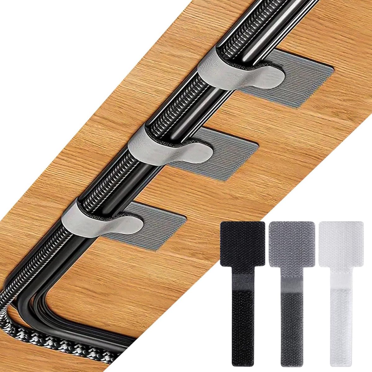 60 stuks haken en lussen, kabelbindingen, glijgeleidbeheer, verstelbare kabelriemen, kabelwrappers, sticky-back kabelorganizer voor keukenapparaten, kantoor, thuis (zwart + grijs + wit)