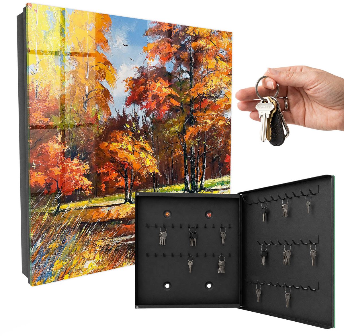 WallMuralia - Sleutelkast - 30x30x5 cm - met 50 haken - Herfstlandschap Design Sleutelkastje - Oranje Sleutelbox - Rechtsopenend - Zwart interieur