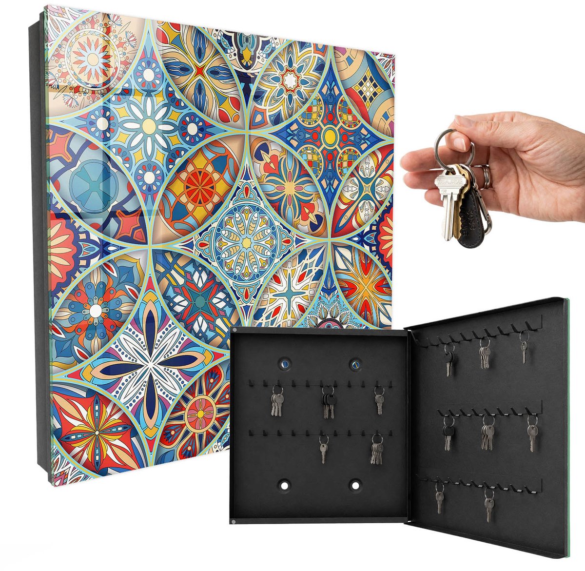 WallMuralia - Sleutelkast - 30x30x5 cm - met 50 haken - Kleurrijk Mozaïek Sleutelkastje Hal - Blauw Sleutelbox - Rechtsopenend - Zwart interieur