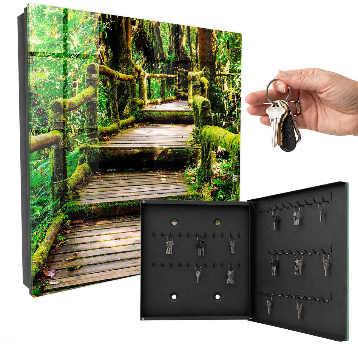 WallMuralia - Sleutelkast - 30x30x5 cm - met 50 haken - Bosbrug Sleutelkastje Design - Groente Sleutelbox - Rechtsopenend - Zwart interieur