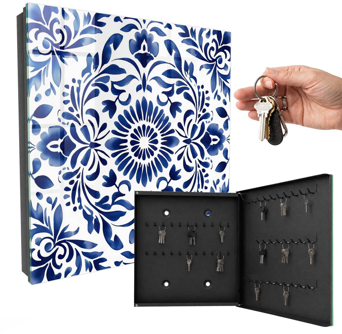 WallMuralia - Sleutelkast - 30x30x5 cm - met 50 haken - Bloemenornament Groot Sleutelkastje - Blauw Sleutelbox - Rechtsopenend - Zwart interieur