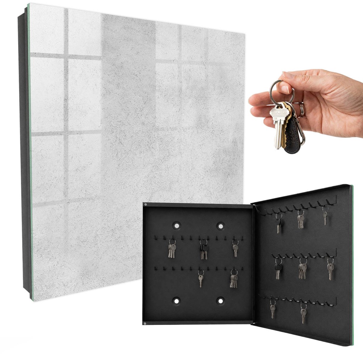 WallMuralia - Sleutelkast - 30x30x5 cm - met 50 haken - Grijze Textuur Sleutelkastje - Grijs Sleutelbox - Rechtsopenend - Zwart interieur