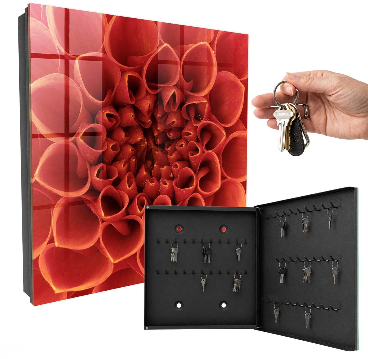 WallMuralia - Sleutelkast - 30x30x5 cm - met 50 haken - Bloemenpatroon Sleutelkastje Hal - Rood Sleutelbox - Rechtsopenend - Zwart interieur