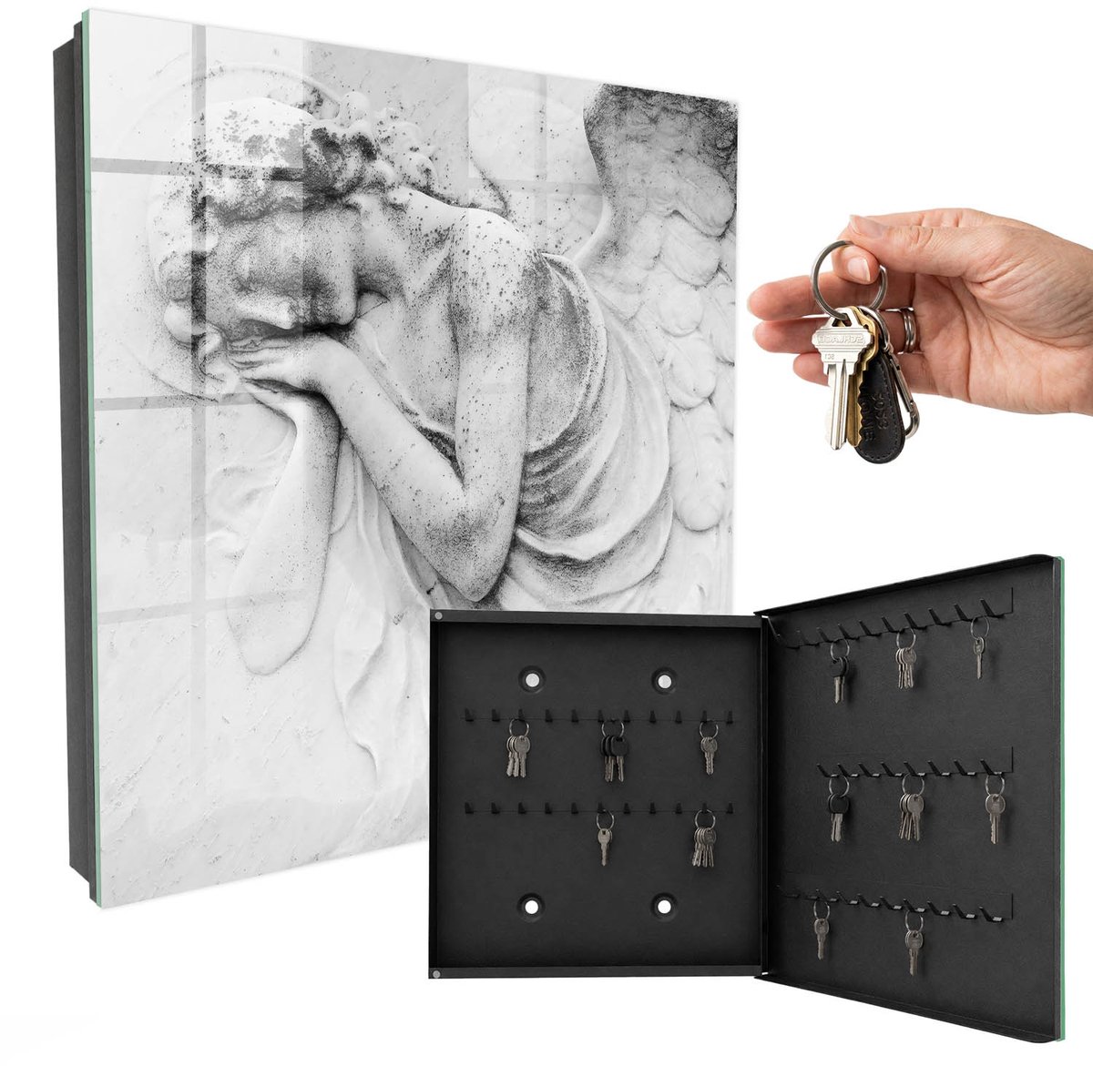 WallMuralia - Sleutelkast - 30x30x5 cm - met 50 haken - Engelenverlichting Sleutelkastje Gang - Wit Sleutelbox - Rechtsopenend - Zwart interieur