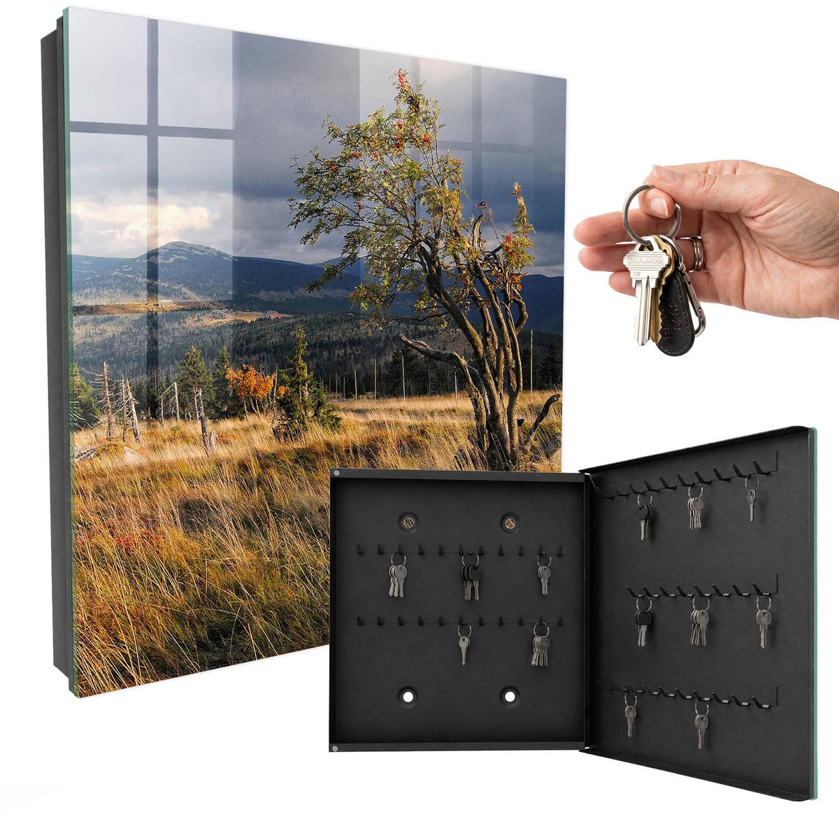 WallMuralia - Sleutelkast - 30x30x5 cm - met 50 haken - Herfstlandschap Sleutelkastje Binnen - Groente Sleutelbox - Rechtsopenend - Zwart interieur