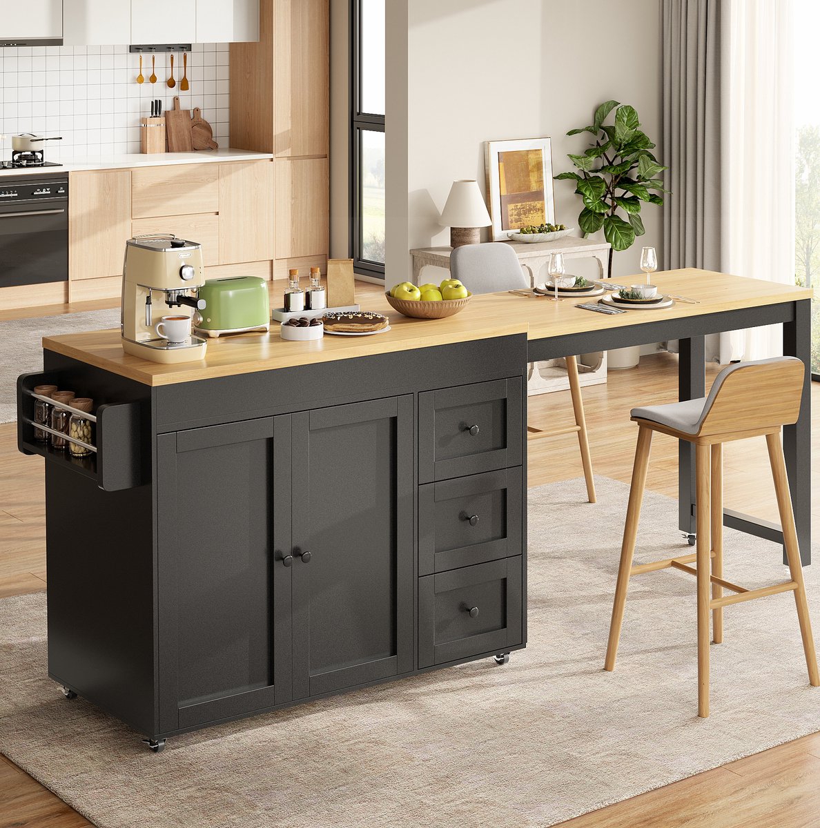 MIVRAY Keukeneiland - Uitschuifbaar Werkblad Met 3 Lades En Zijplanken - Mobiele Opbergruimte Voor Keuken En Eetkamer - MDF - Zwart