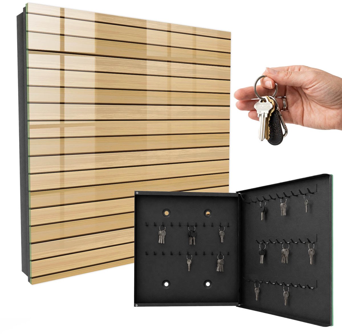 WallMuralia - Sleutelkast - 30x30x5 cm - met 50 haken - Beige Planken Sleutelkastje Binnen - Beige Sleutelbox - Rechtsopenend - Zwart interieur