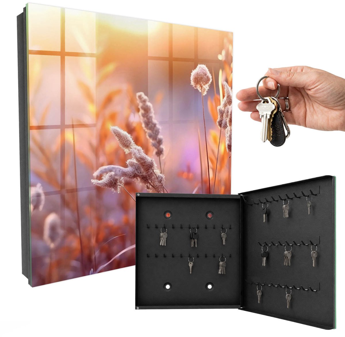 WallMuralia - Sleutelkast - 30x30x5 cm - met 50 haken - Zonsondergang Design Sleutelkastje - Oranje Sleutelbox - Rechtsopenend - Zwart interieur