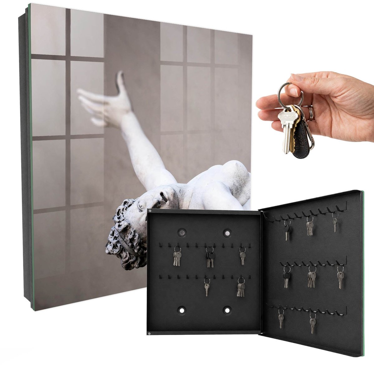 WallMuralia - Sleutelkast - 30x30x5 cm - met 50 haken - Klassieke Sculptuur Sleutelkastje Muur - Grijs Sleutelbox - Rechtsopenend - Zwart interieur