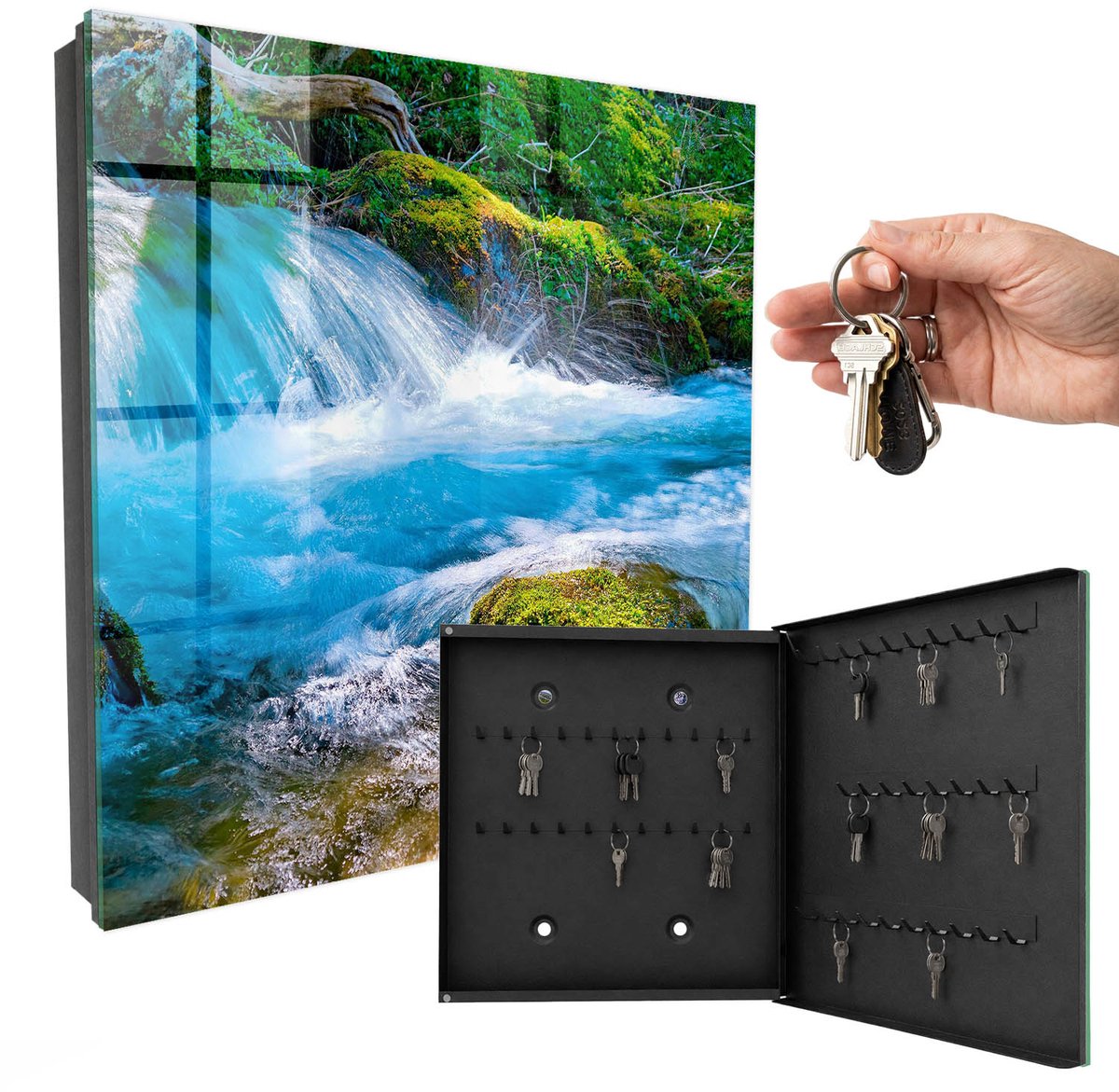 WallMuralia - Sleutelkast - 30x30x5 cm - met 50 haken - Een Kalme Rivier Sleutelkastje - Blauw Sleutelbox - Rechtsopenend - Zwart interieur