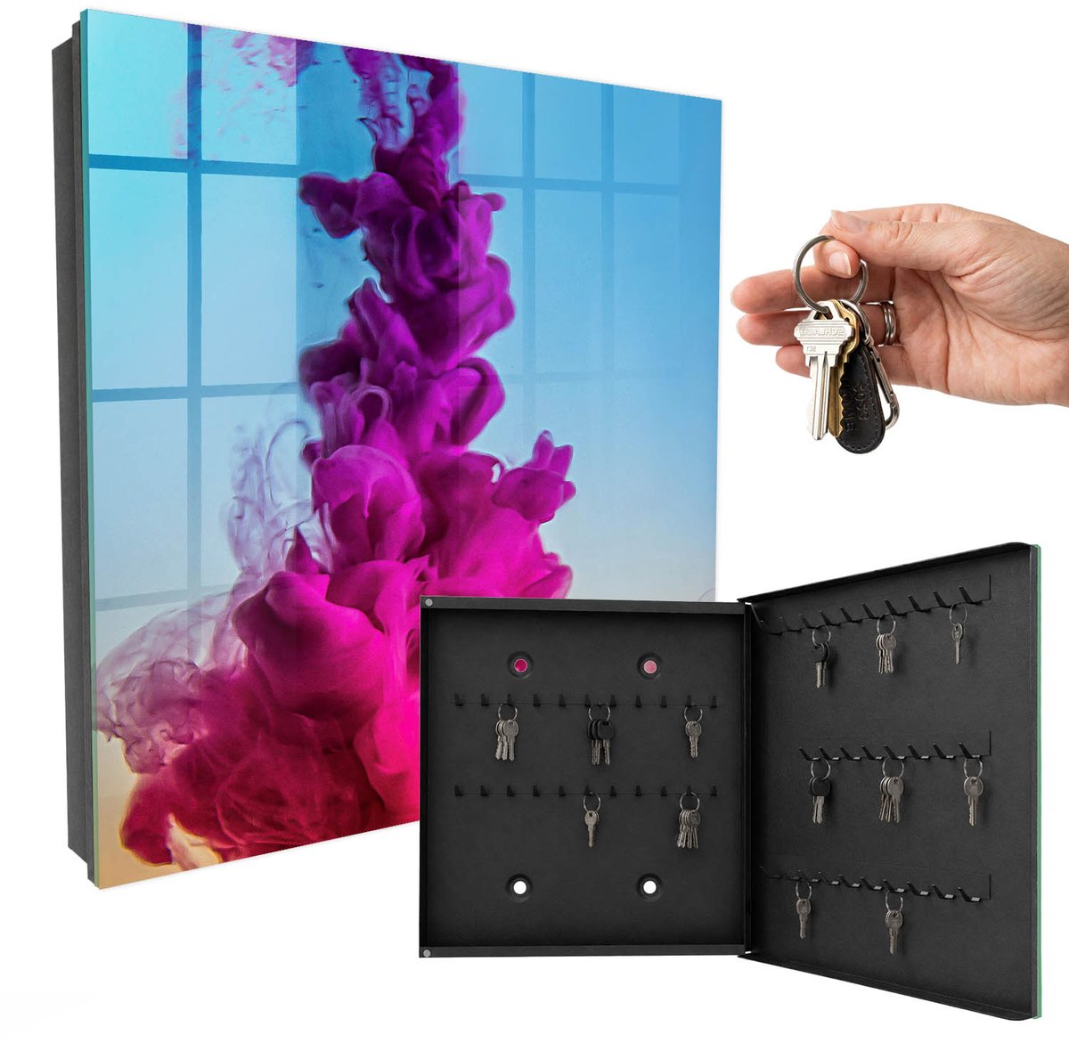WallMuralia - Sleutelkast - 30x30x5 cm - met 50 haken - Kleurrijke Dynamiek Sleutelkastje Huis - Roze Sleutelbox - Rechtsopenend - Zwart interieur