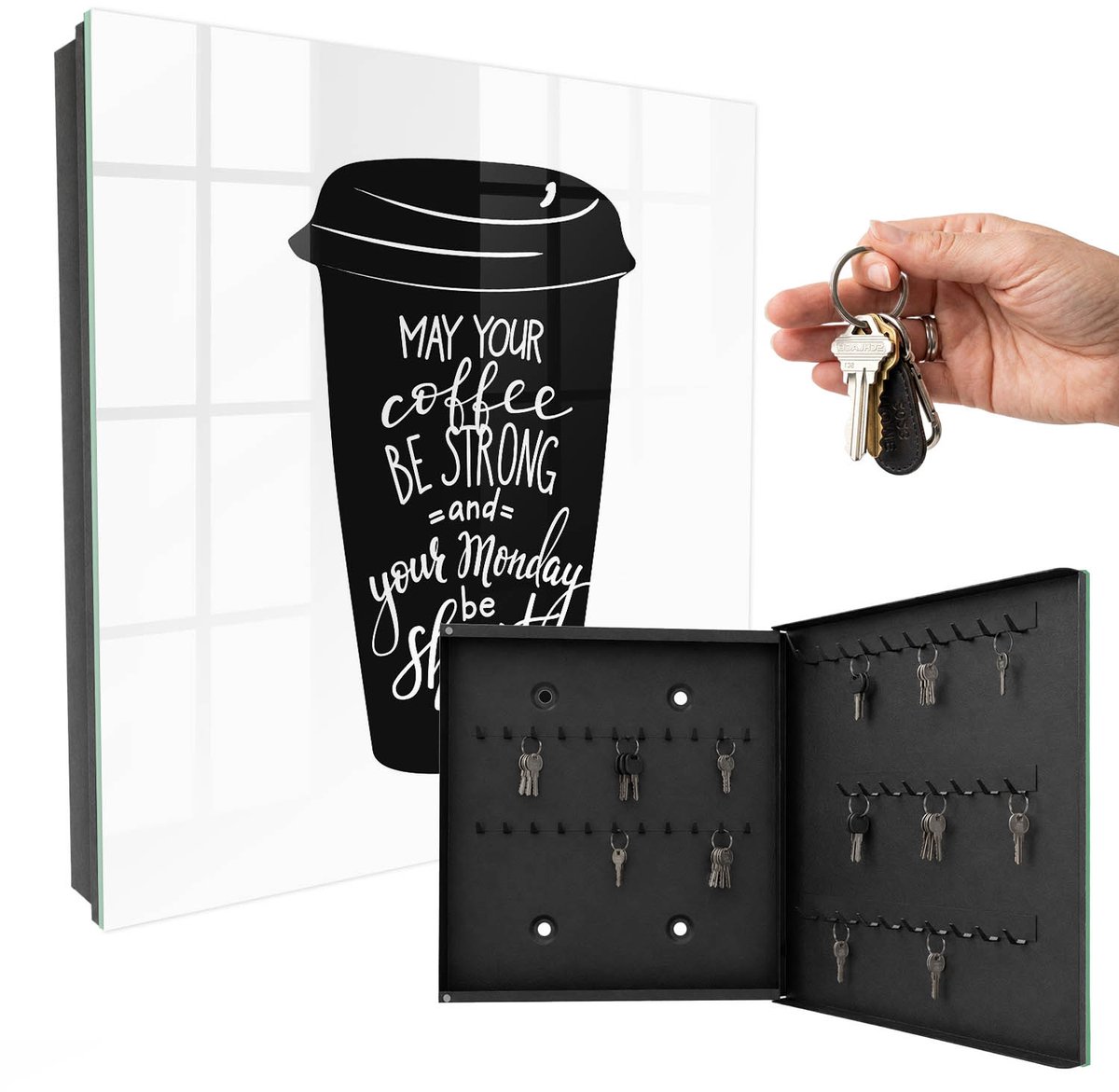 WallMuralia - Sleutelkast - 30x30x5 cm - met 50 haken - Koffie En Humor Sleutelkastje Muur - Zwart Sleutelbox - Rechtsopenend - Zwart interieur