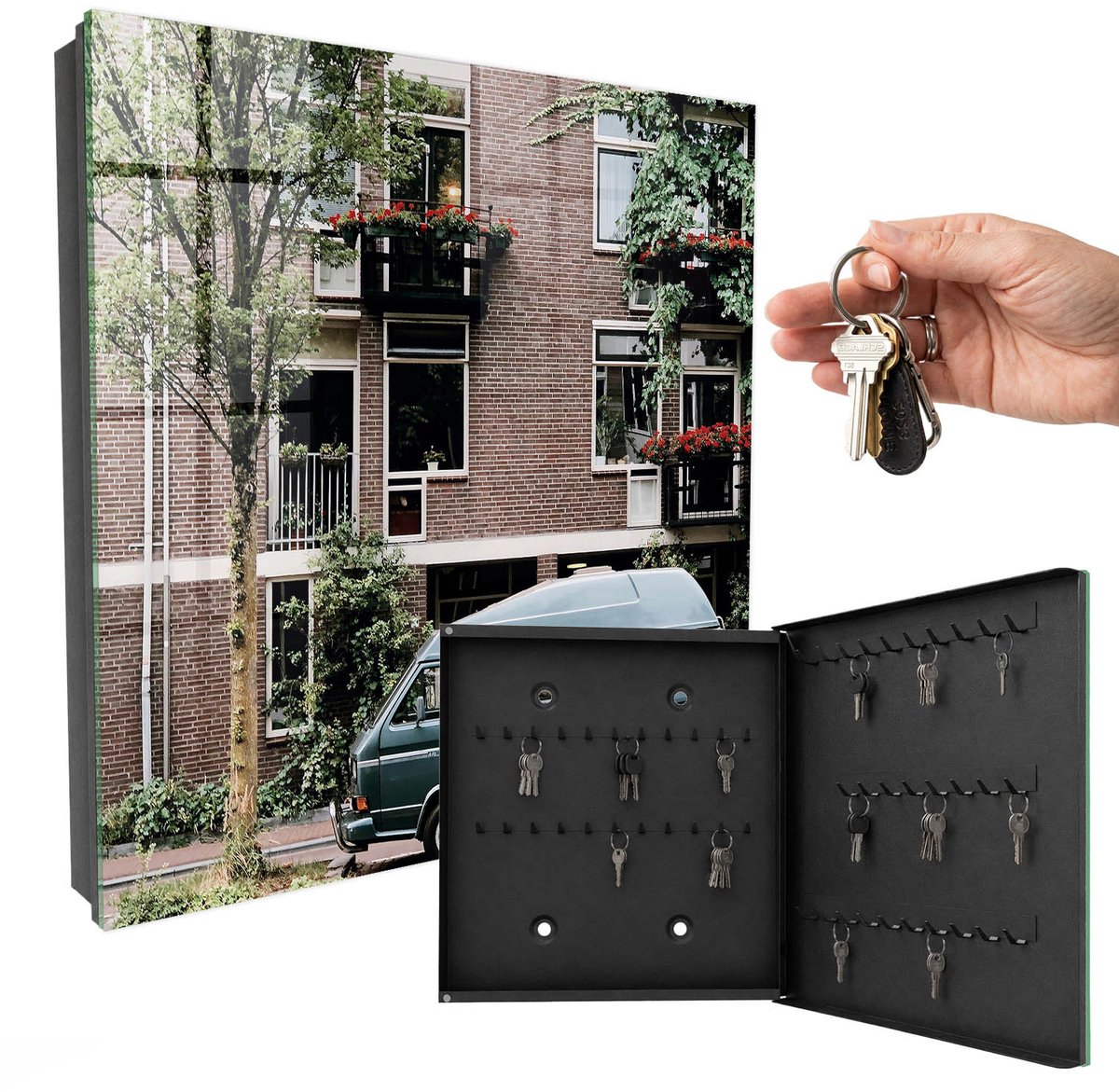WallMuralia - Sleutelkast - 30x30x5 cm - met 50 haken - Stadslandschap Sleutelkastje Klein - Bruin Sleutelbox - Rechtsopenend - Zwart interieur