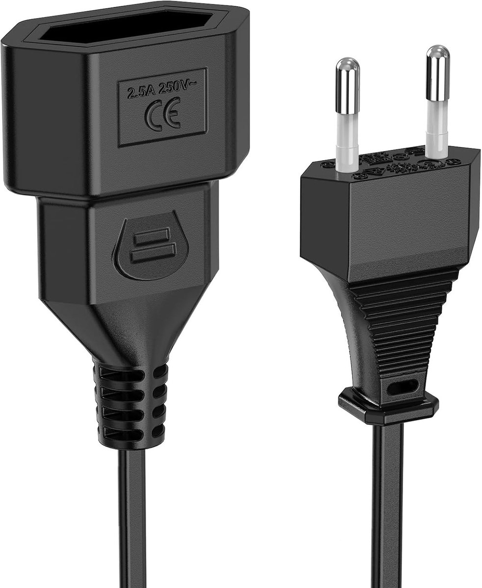 Verlengsnoer 3 m, Plat, VDE Gecertificeerd, Euro Plug Type C, Ideaal voor TV, Monitor en Huishoudelijke Apparaten, Zwart