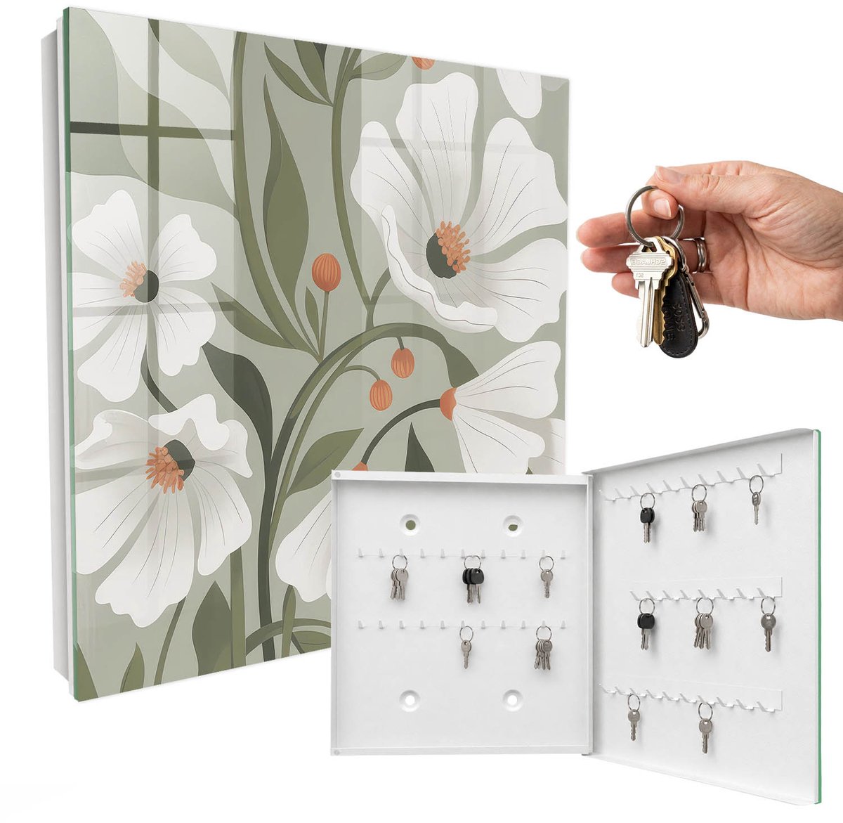 WallMuralia - Sleutelkast - 30x30x5 cm - met 50 haken - Beige Bloemen Sleutelkastje Hal - Groente Sleutelbox - Rechtsopenend - Wit interieur