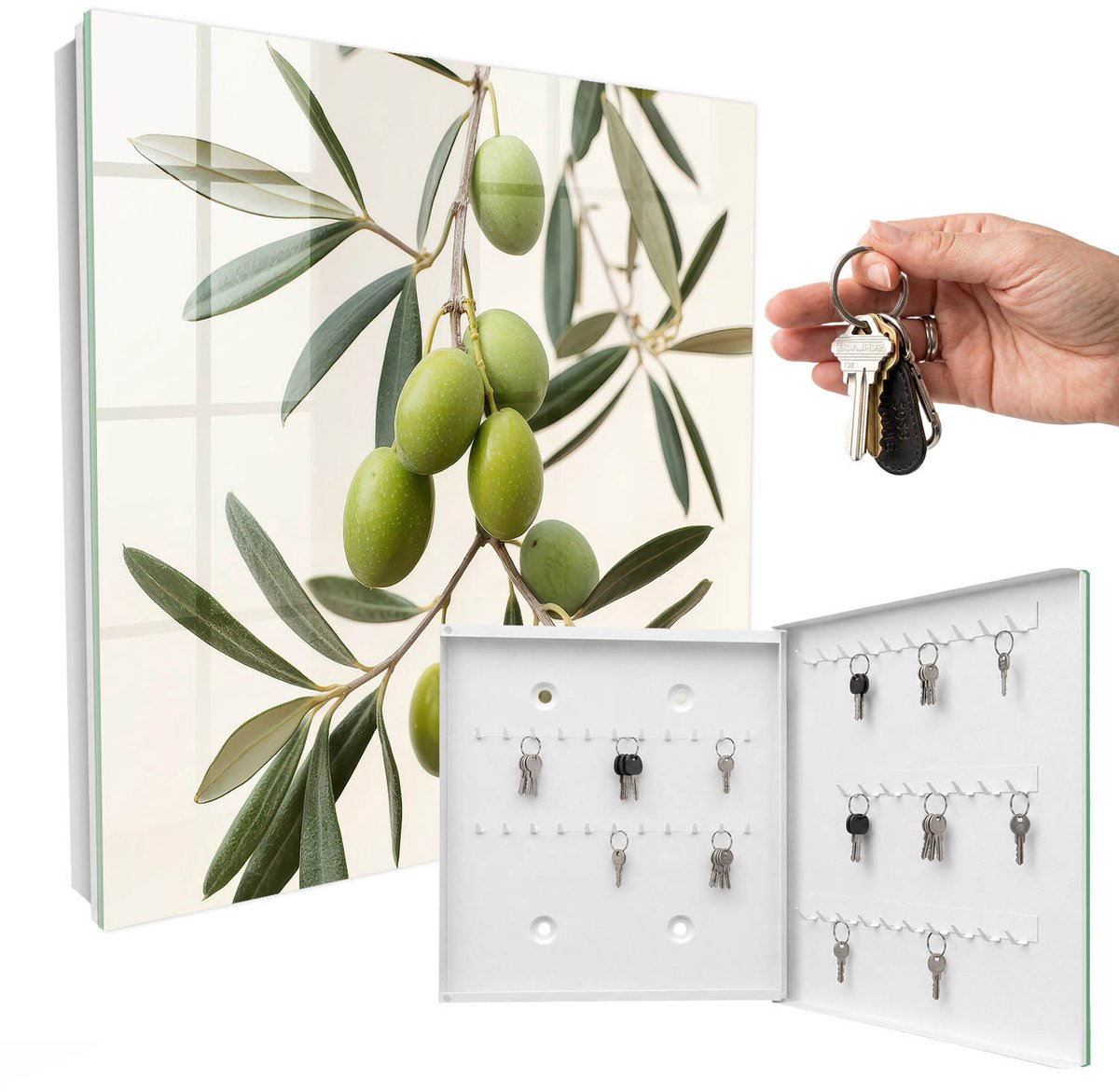 WallMuralia - Sleutelkast - 30x30x5 cm - met 50 haken - Een Tak Met Olijven Sleutelkastje Muur - Groente Sleutelbox - Rechtsopenend - Wit interieur