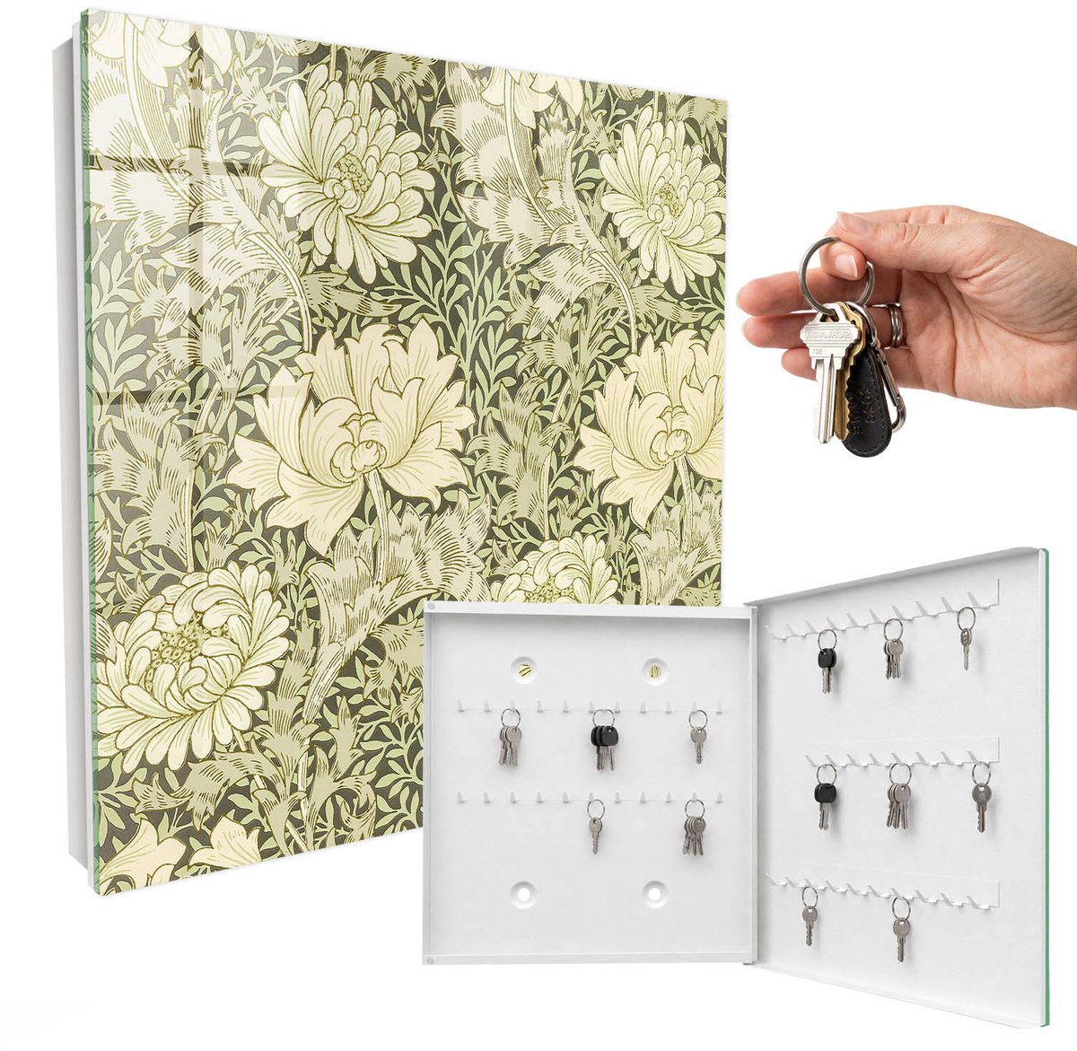 WallMuralia - Sleutelkast - 30x30x5 cm - met 50 haken - Bloemenpatroon Sleutelkastje Modern - Groente Sleutelbox - Rechtsopenend - Wit interieur