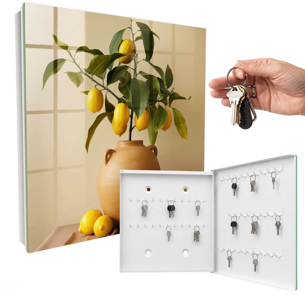 WallMuralia - Sleutelkast - 30x30x5 cm - met 50 haken - Citroenen In Een Kan Sleutelkastje Voor Binnen - Geel Sleutelbox - Rechtsopenend - Wit interieur