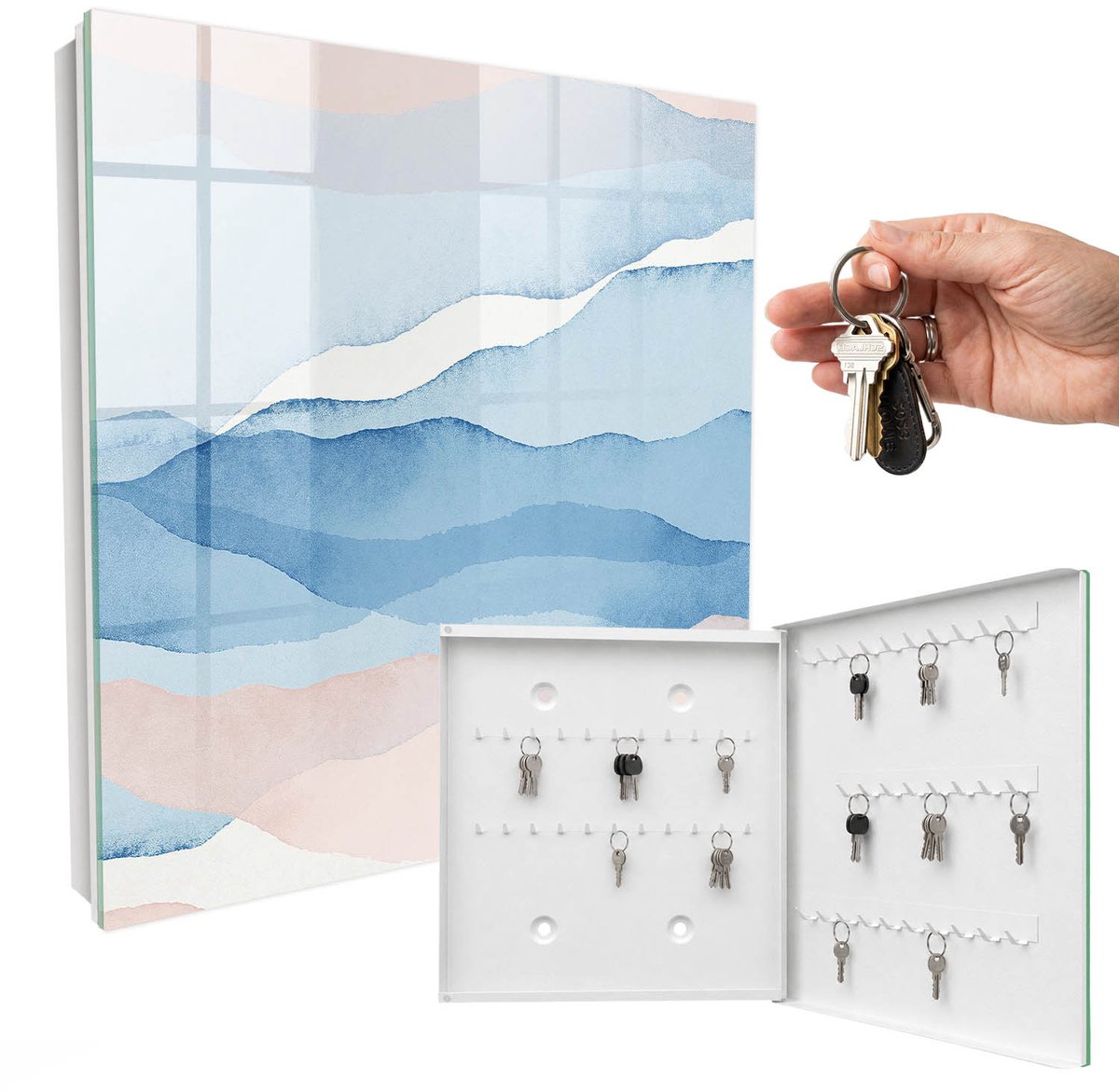 WallMuralia - Sleutelkast - 30x30x5 cm - met 50 haken - Rustgevende Golven Sleutelkastje Landelijk - Blauw Sleutelbox - Rechtsopenend - Wit interieur