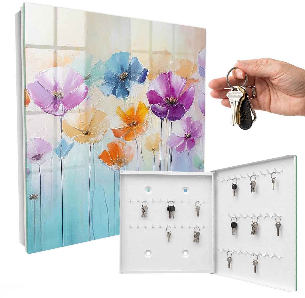 WallMuralia - Sleutelkast - 30x30x5 cm - met 50 haken - Kleurrijke Bloemen Groot Sleutelkastje - Paars Sleutelbox - Rechtsopenend - Wit interieur