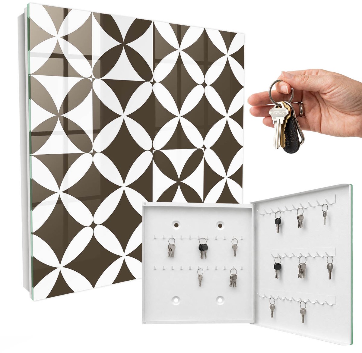 WallMuralia - Sleutelkast - 30x30x5 cm - met 50 haken - Geometrische Compositie Design Sleutelkastje - Bruin Sleutelbox - Rechtsopenend - Wit interieur
