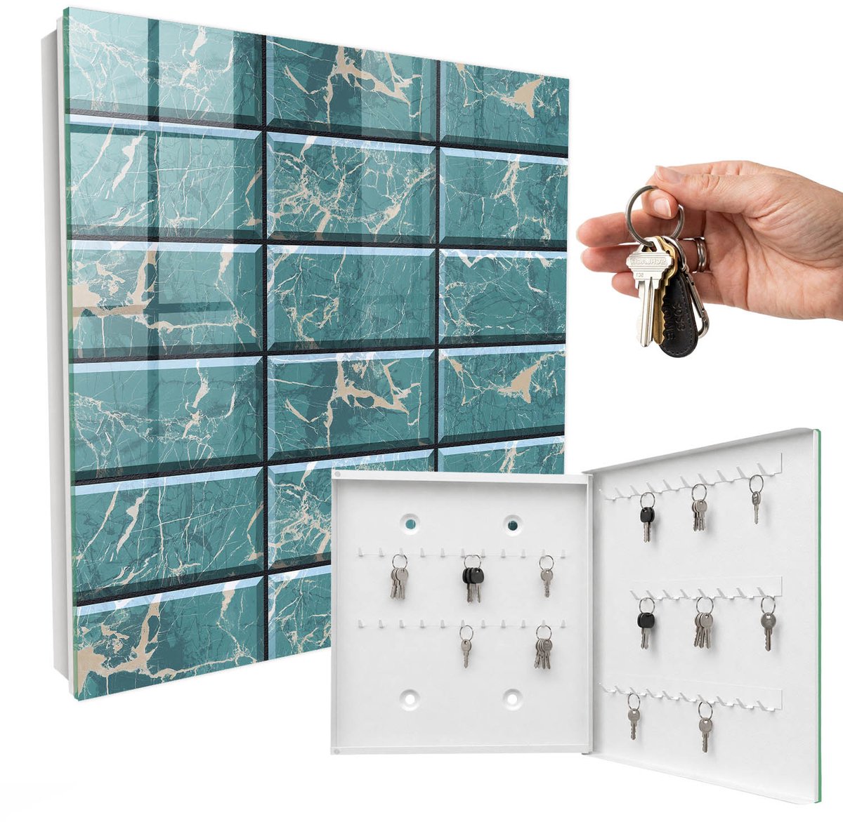 WallMuralia - Sleutelkast - 30x30x5 cm - met 50 haken - Turkoois Marmer Design Sleutelkastje - Turkoois Sleutelbox - Rechtsopenend - Wit interieur
