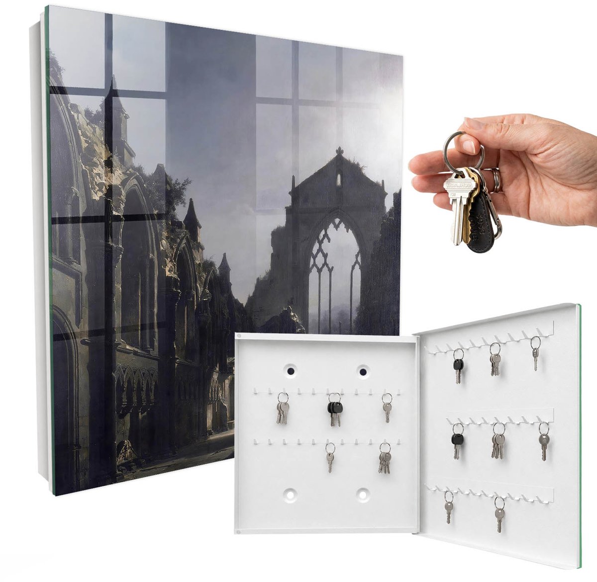 WallMuralia - Sleutelkast - 30x30x5 cm - met 50 haken - Mysterieuze Ruïnes Sleutelkastje Voor Binnen - Grijs Sleutelbox - Rechtsopenend - Wit interieur
