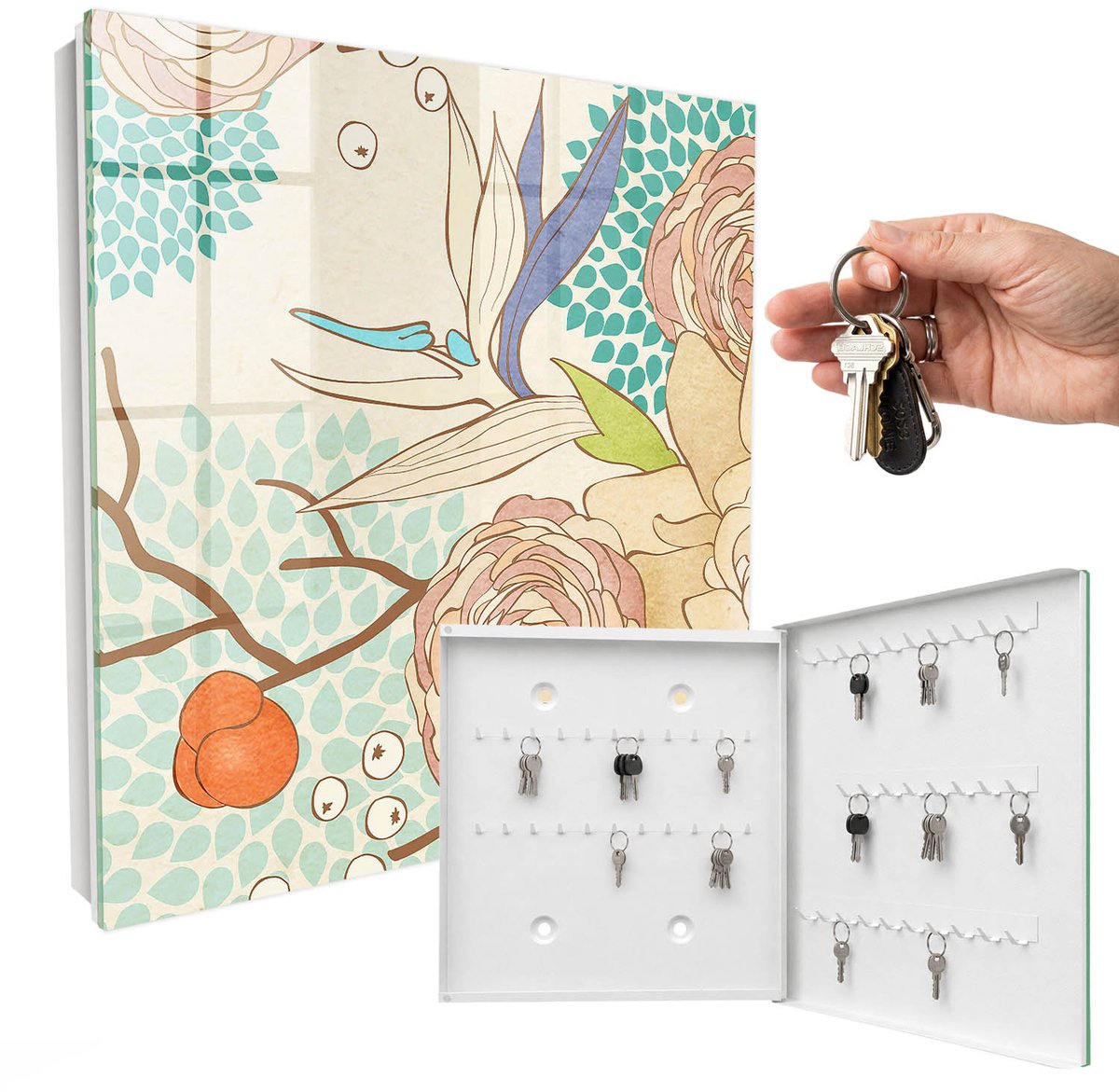 WallMuralia - Sleutelkast - 30x30x5 cm - met 50 haken - Abstracte Bloemen Sleutelkastje Binnen - Romig Sleutelbox - Rechtsopenend - Wit interieur