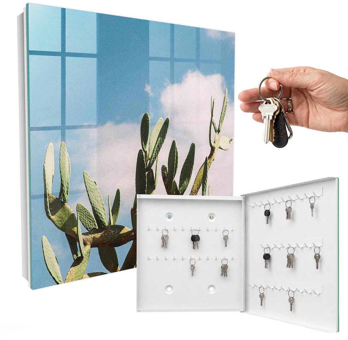 WallMuralia - Sleutelkast - 30x30x5 cm - met 50 haken - Groene Cactus Sleutelkastje Gang - Groente Sleutelbox - Rechtsopenend - Wit interieur