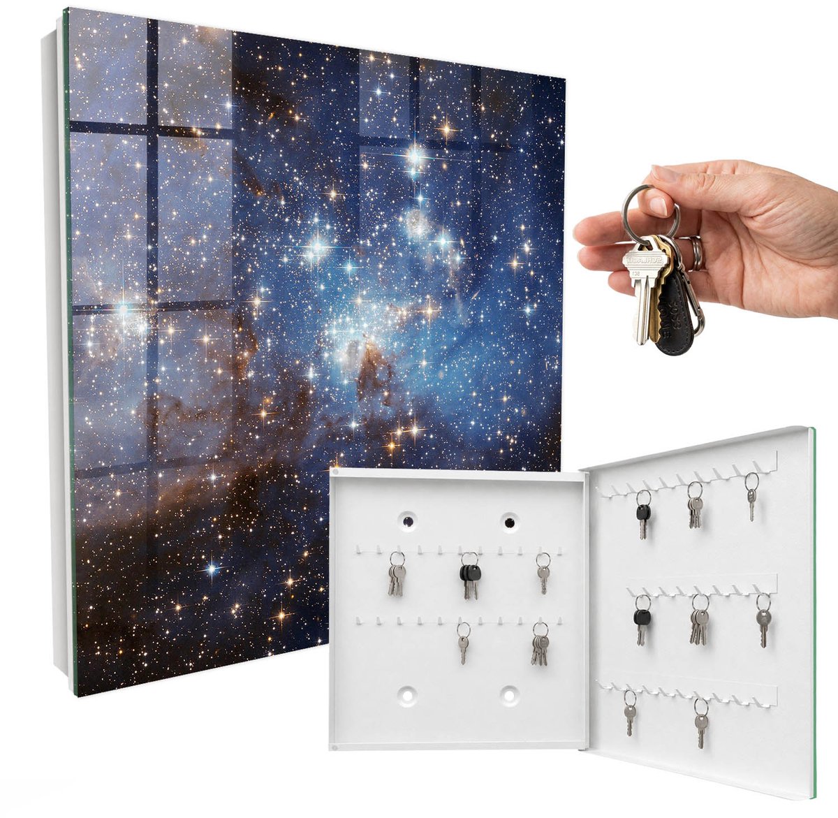 WallMuralia - Sleutelkast - 30x30x5 cm - met 50 haken - Kosmische Ruimte Sleutelkastje Huis - Blauw Sleutelbox - Rechtsopenend - Wit interieur