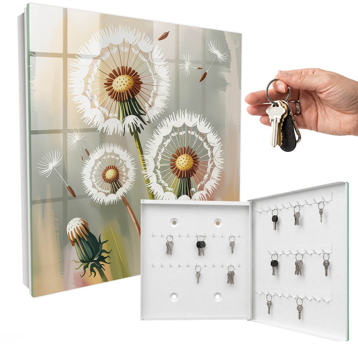 WallMuralia - Sleutelkast - 30x30x5 cm - met 50 haken - Tere Paardenbloemen Groot Sleutelkastje - Grijs Sleutelbox - Rechtsopenend - Wit interieur
