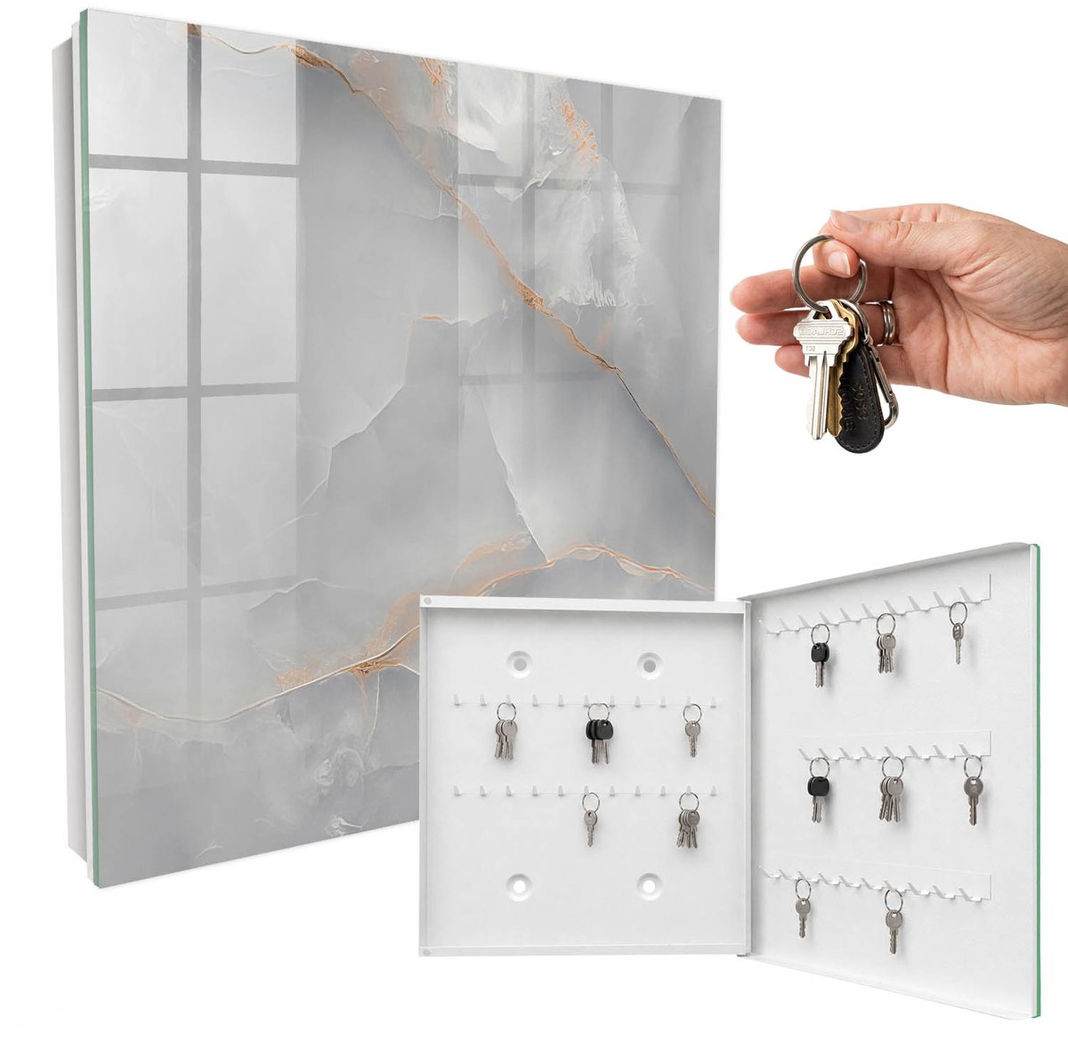 WallMuralia - Sleutelkast - 30x30x5 cm - met 50 haken - Grijze Elegantie Sleutelkastje Muur - Grijs Sleutelbox - Rechtsopenend - Wit interieur