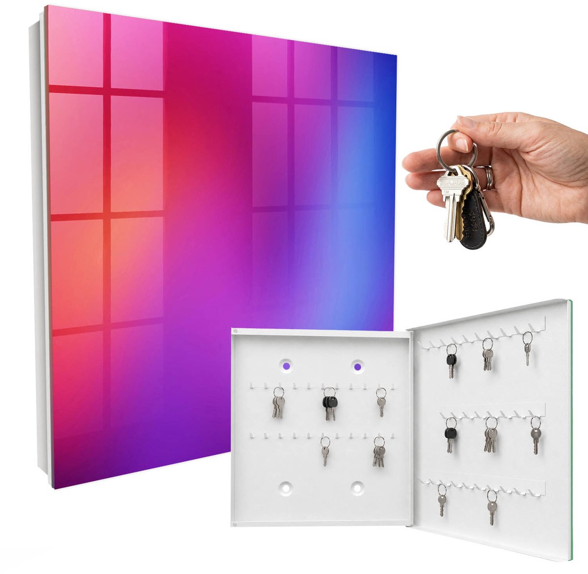 WallMuralia - Sleutelkast - 30x30x5 cm - met 50 haken - Kleurrijk Genot Sleutelkastje Modern - Paars Sleutelbox - Rechtsopenend - Wit interieur