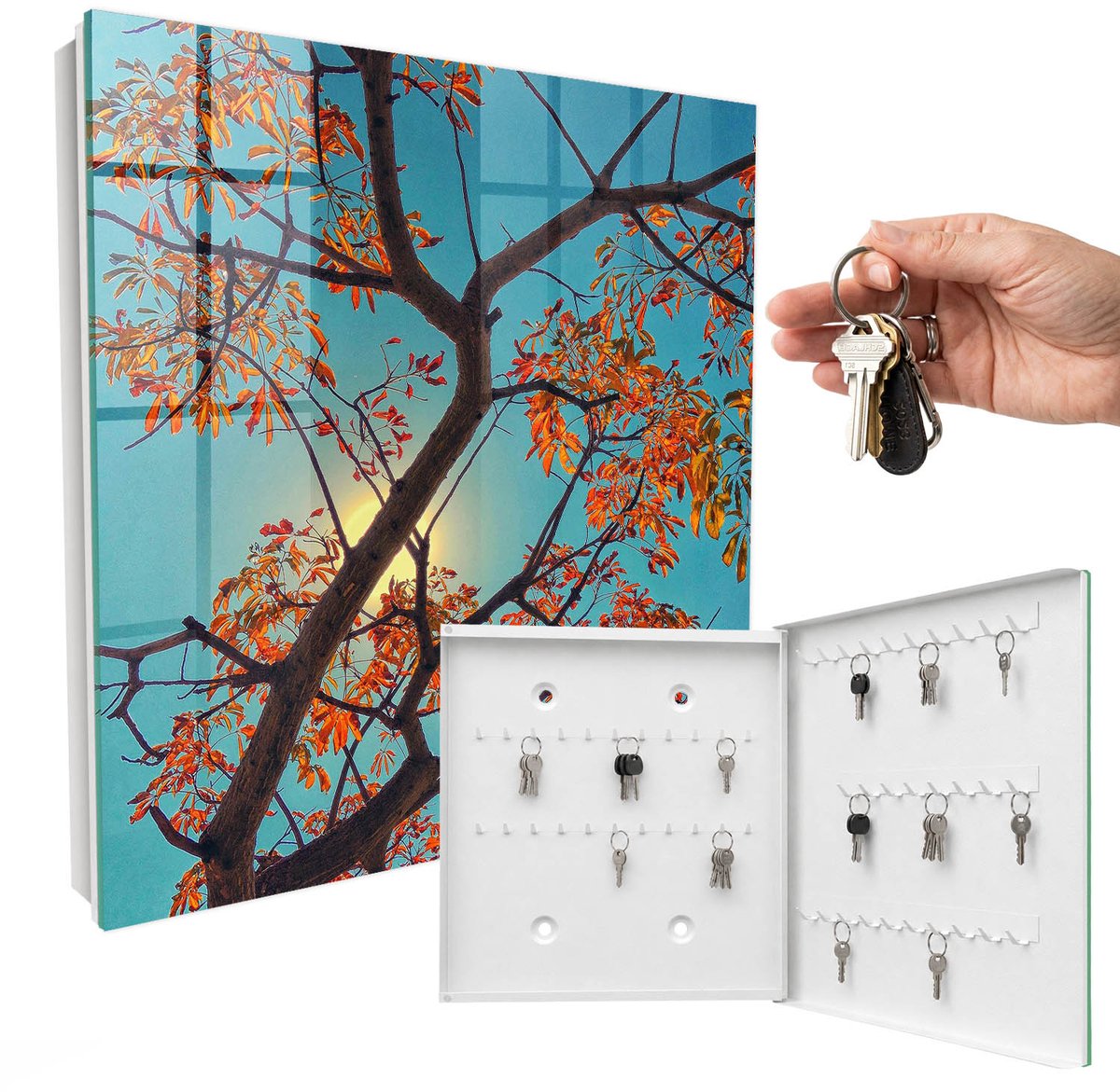 WallMuralia - Sleutelkast - 30x30x5 cm - met 50 haken - Herfstboom Design Sleutelkastje - Blauw Sleutelbox - Rechtsopenend - Wit interieur