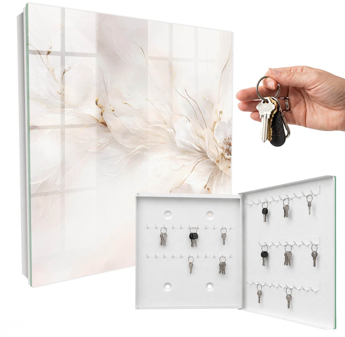WallMuralia - Sleutelkast - 30x30x5 cm - met 50 haken - Elegante Bloem Sleutelkastje Binnen - Romig Sleutelbox - Rechtsopenend - Wit interieur