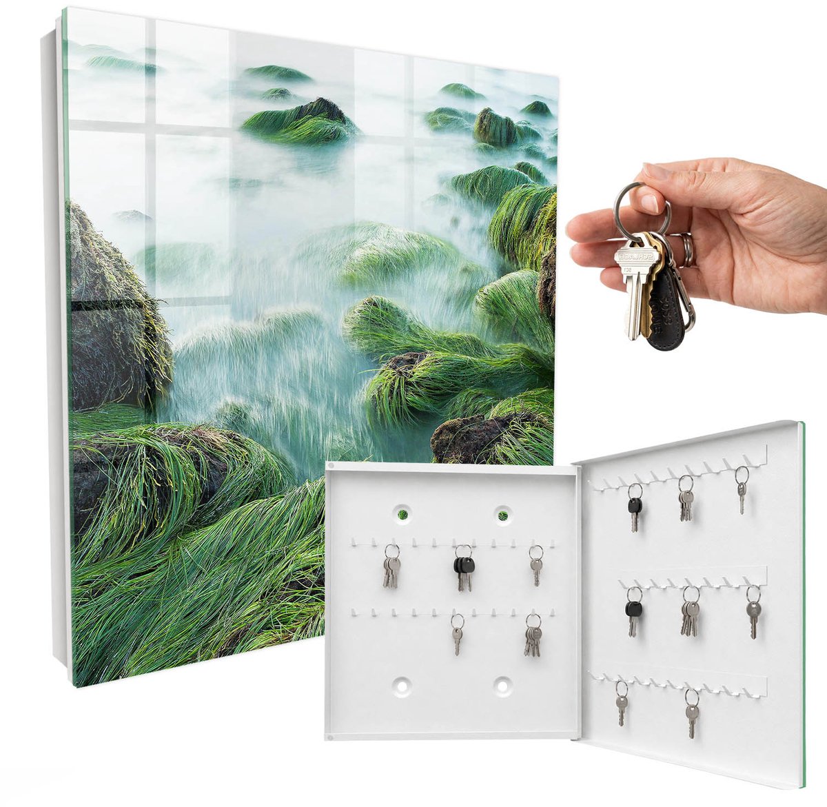 WallMuralia - Sleutelkast - 30x30x5 cm - met 50 haken - Groene Golven Sleutelkastje Voor Binnen - Groente Sleutelbox - Rechtsopenend - Wit interieur