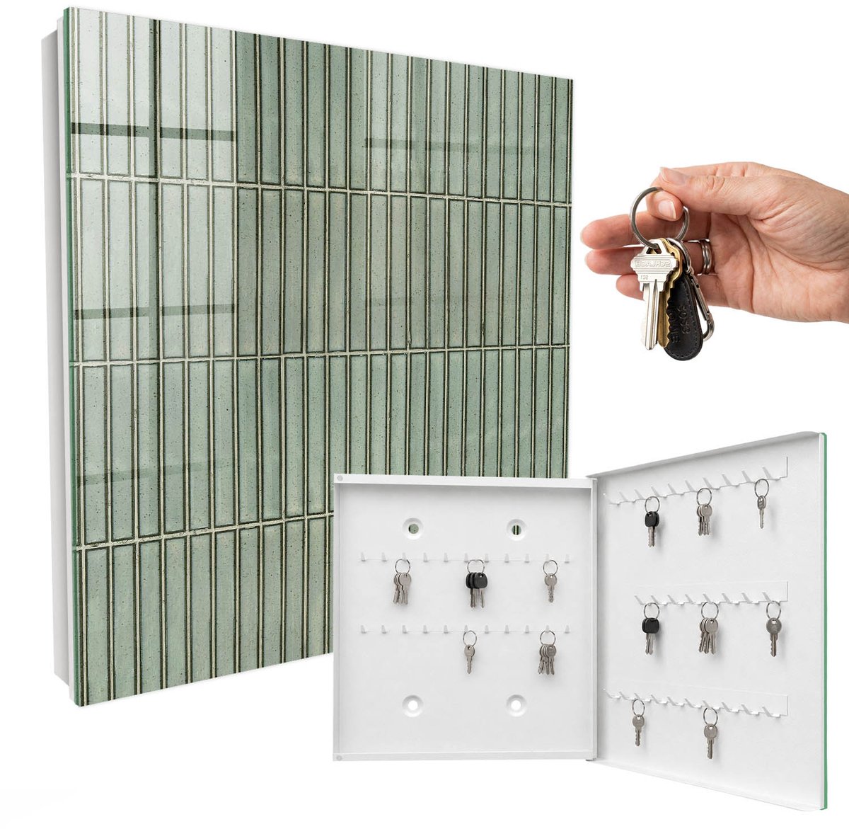 WallMuralia - Sleutelkast - 30x30x5 cm - met 50 haken - Groen Patroon Groot Sleutelkastje - Groente Sleutelbox - Rechtsopenend - Wit interieur