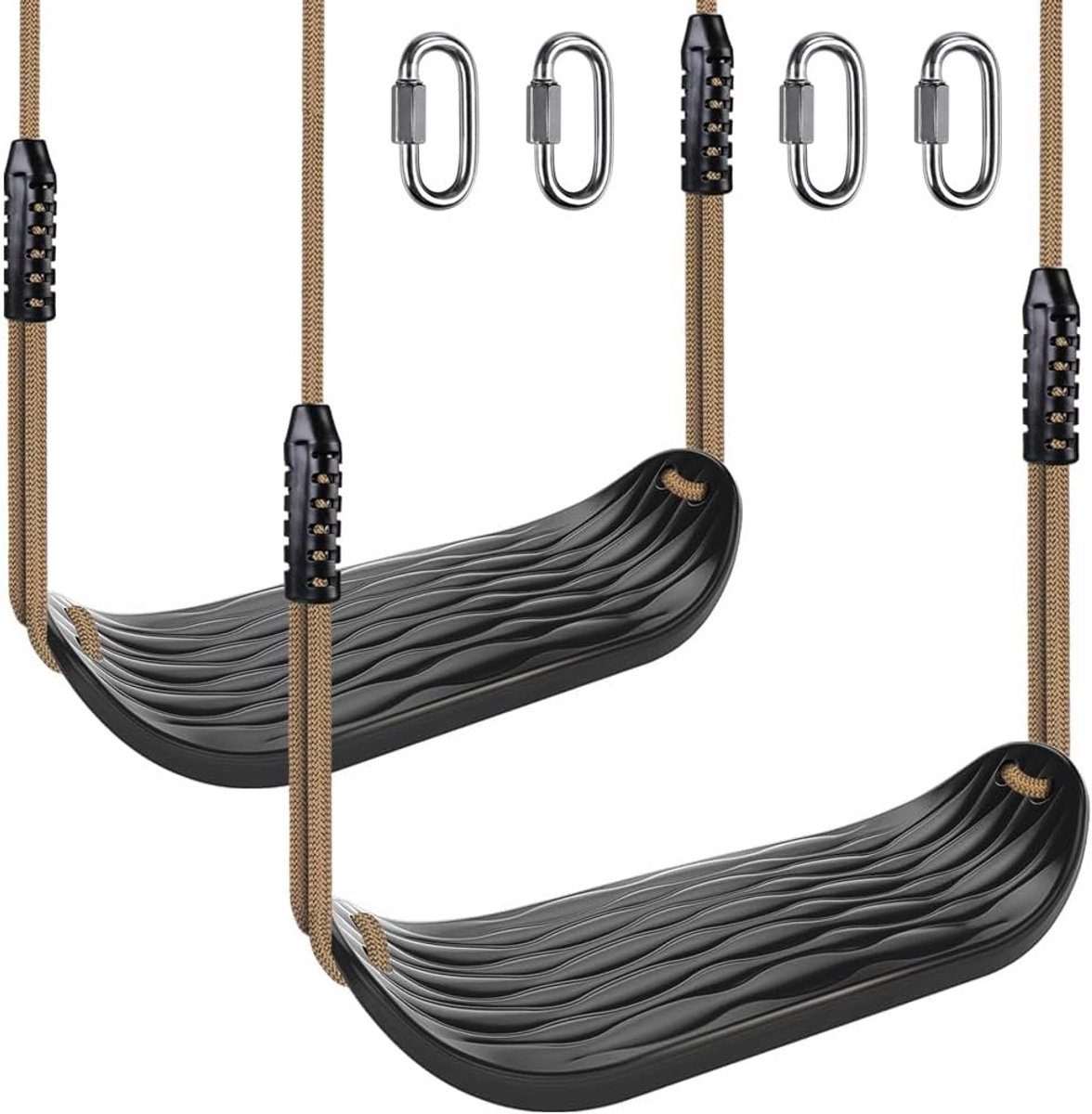 Kunststof schommelzitje, slipvaste boomschommelset met verstelbare touw en 4 karabijnen, zware schommelset voor speeltuin voor kinderen binnen en buiten achtertuin, zwart, 2-pack