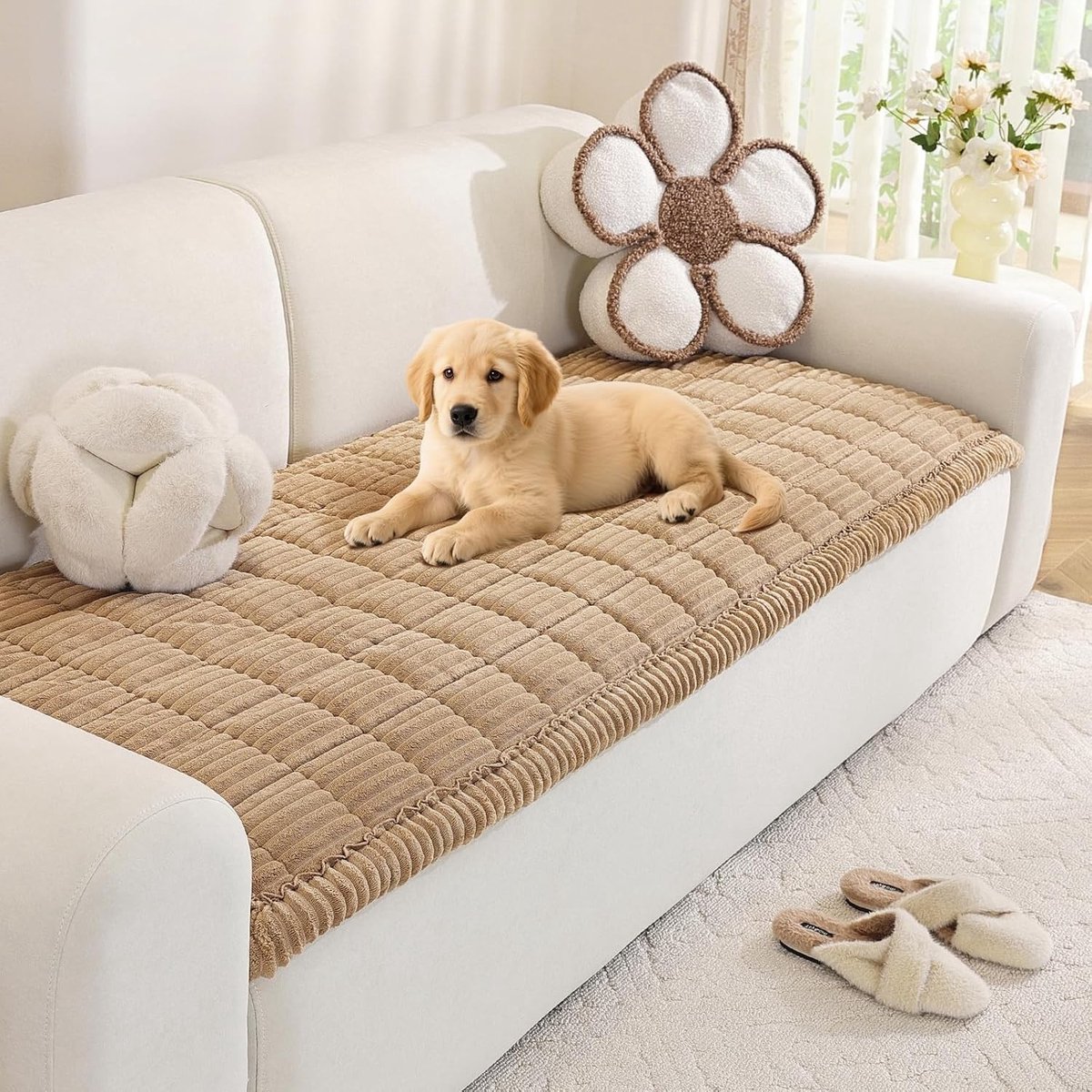 Dikke Antislip Sofa Hoes voor Huisdieren - Gestreepte Bruine Hoes voor 2, 3 of 4 Zits Bank - Ideaal voor Woonkamer (Zitgedeelte, 70x210cm)