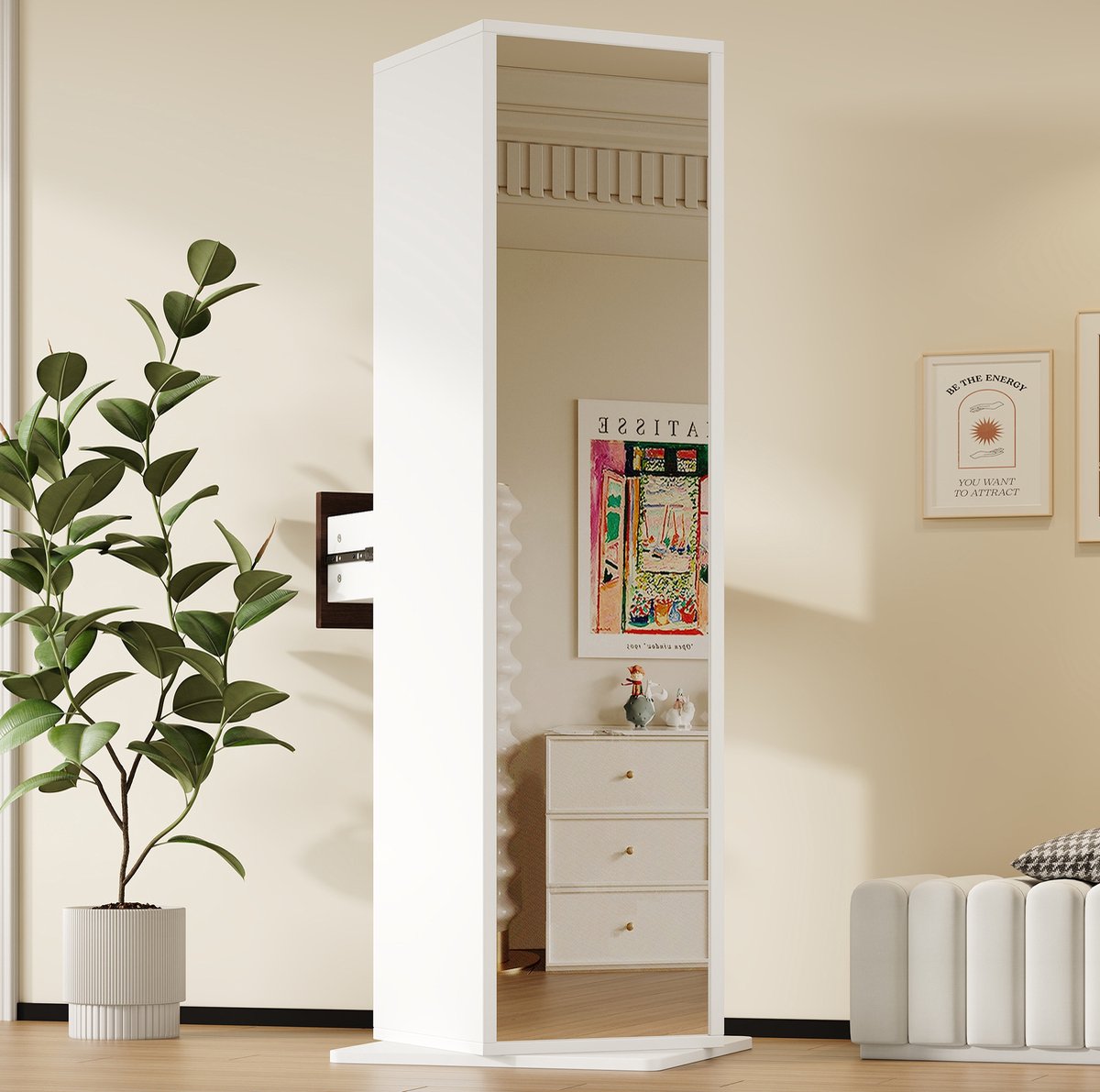 MIVRAY Draaibare Presentatiekast Met Spiegel En Lade - Open Vakken Voor Woonkamer Slaapkamer En Hal - Wit MDF - 45x45x168 Cm