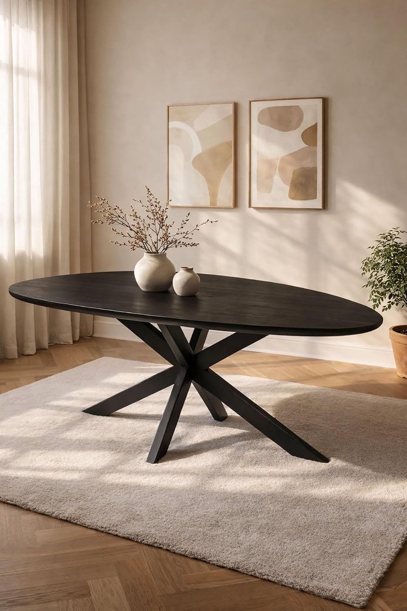 Home Organische Eettafel 200 cm Mangohout – Zwart – Zwart Metalen Matrix Onderstel – Elegant Chic – 5-6 Personen