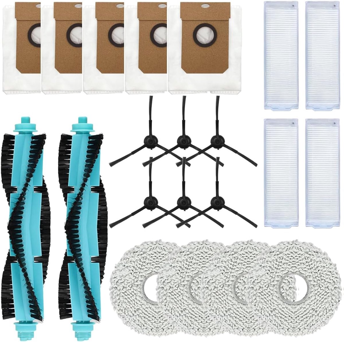 Accessoireset compatibel met Cecotec Conga 11090 stofzuigerrobot, complete vervangingsset, bevat 2 hoofdborstels, 4 filters, 6 zijborstels, 4 dweilen en 5 zakken