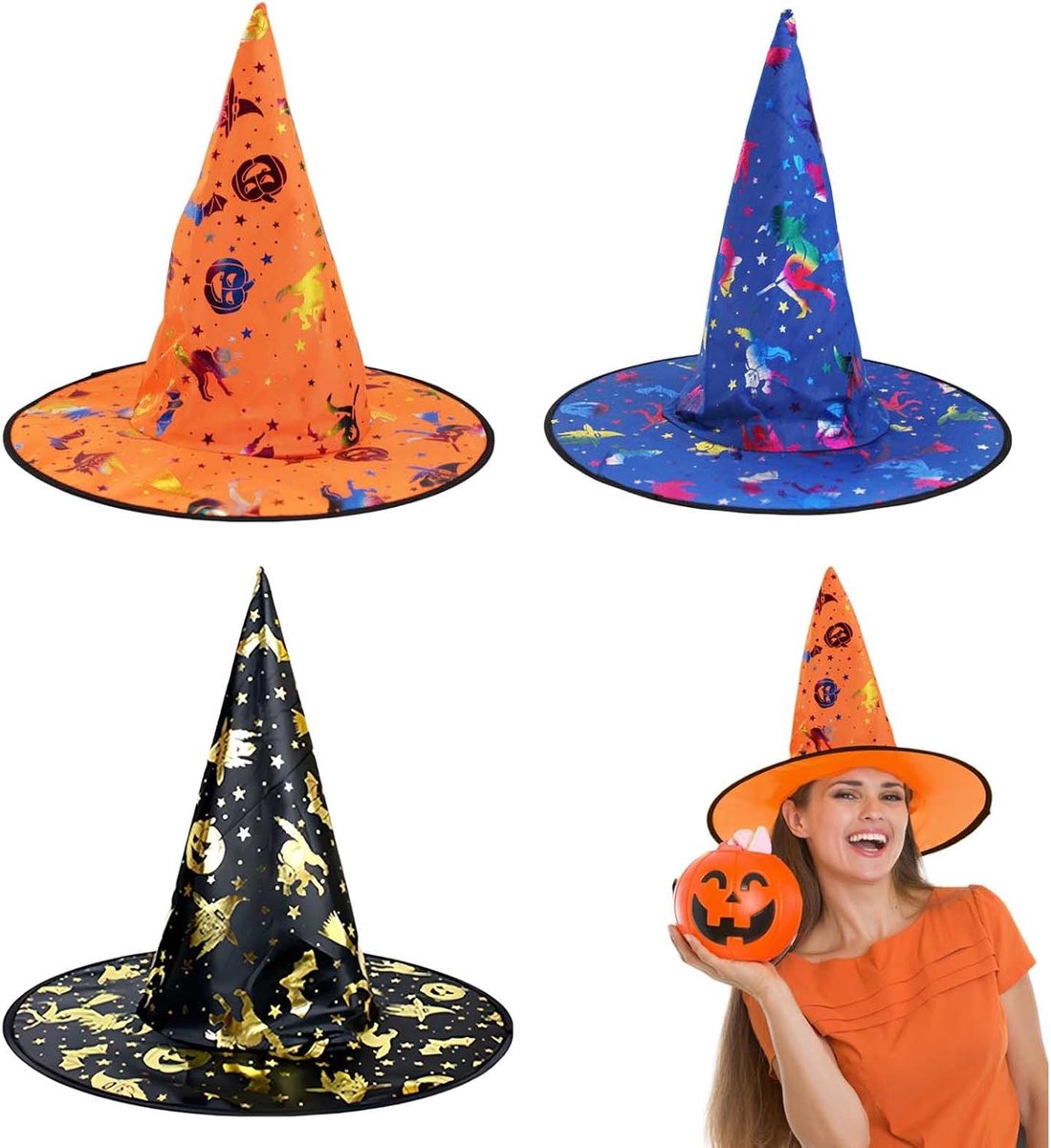 Kleurrijke Heksenhoed Set – 3 Kleuren, Zwart, Blauw Oranje, Gemaakt