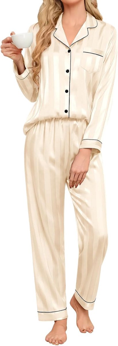 Pyjama voor dames, lange pyjamaset, satijn, lange mouwen, tweedelig