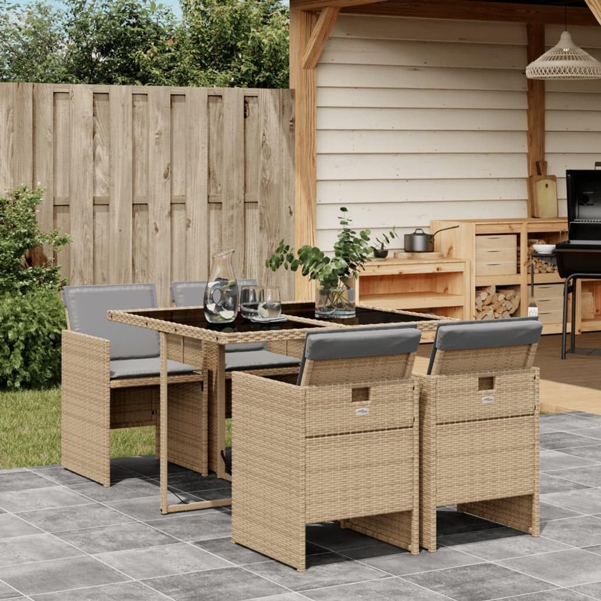 Tuintafel en stoelen, 5-delige set met kussen, beige, polyrotan mix
