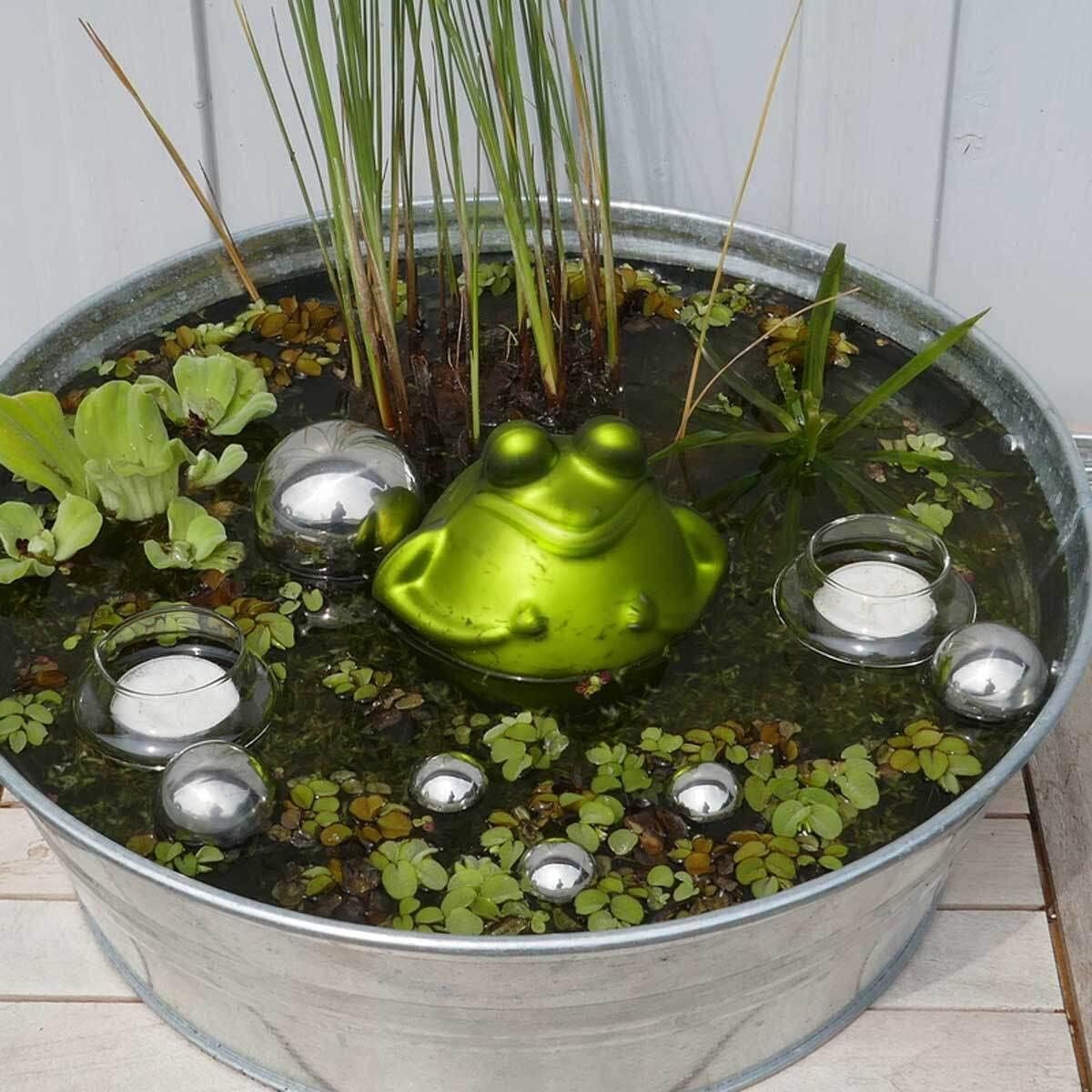 Gartenzaubereien Minivijver Compleetset - Zwemmelijke Kikker, Theelichthouders, Zwemmelijke Zilveren Kugeln - drijvende Vijverdecoratie