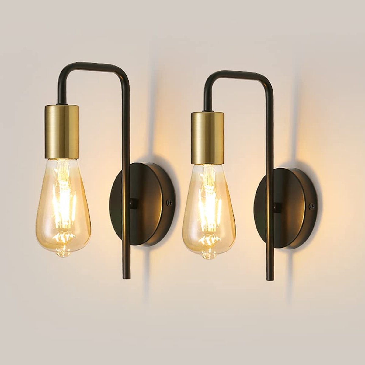 Riserva Industriële Vintage Wandlamp U-vorm Zwart-Goud - E27 fitting, Max 60W, Zonder Lamp - Set van 2 stuks voor Trap, Gang, Balkon en Zolder