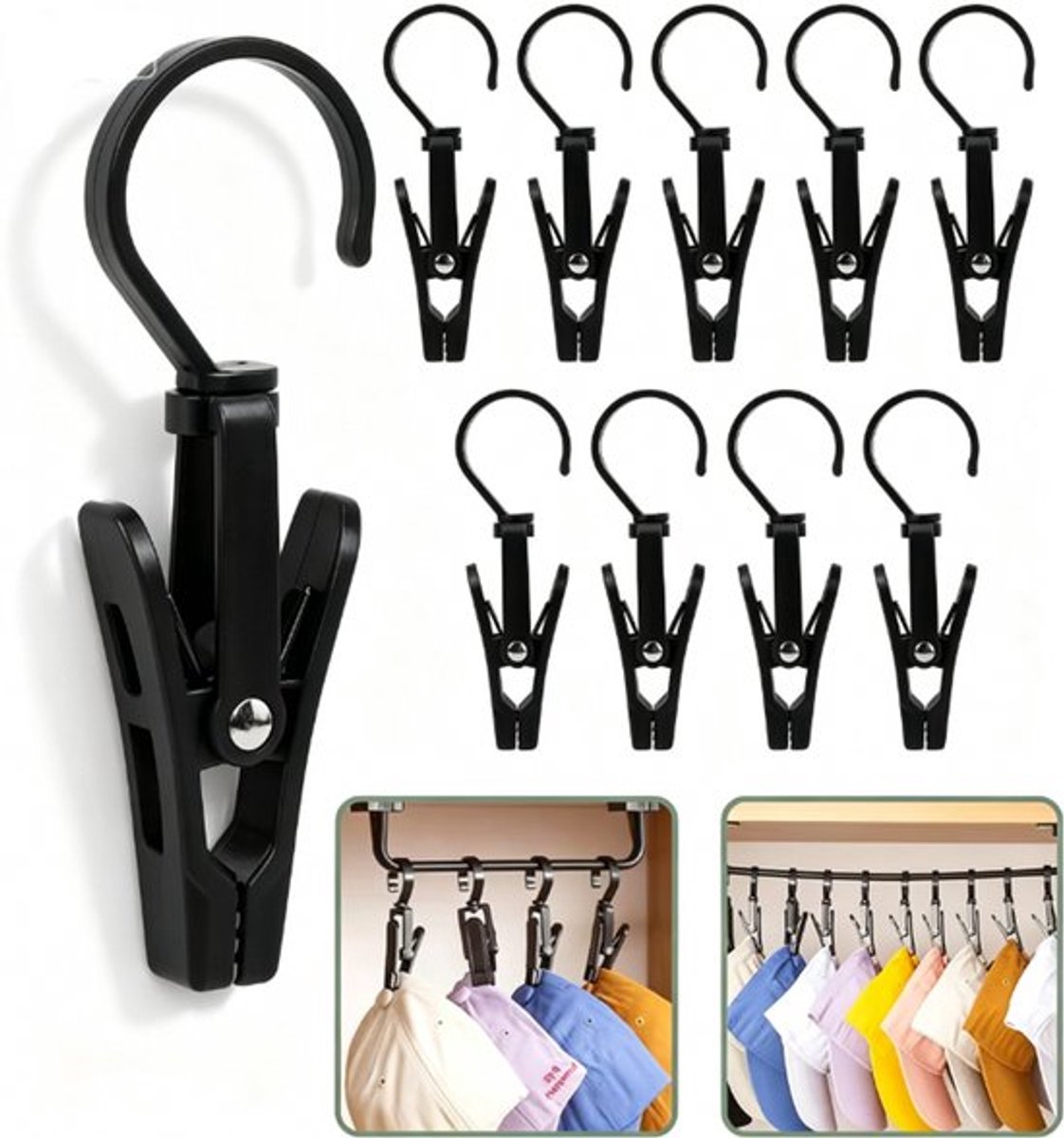 Washaken Clip - Drooghaak voor kleding - met 360 graden draaibare haak - Washaken met klemmen - kleerhangers voor sokken - Sterke plastic wasknijpers - Veelzijdig - draagbare antislip plastic hangers clips - 10stuks - zwart